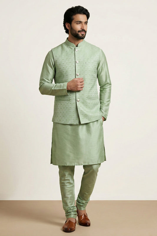 Fancy Pista Green Jacquard Silk Jacket with Banarasi Dhupion Kurta Pyjama Set for Men