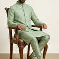 Fancy Pista Green Jacquard Silk Jacket with Banarasi Dhupion Kurta Pyjama Set for Men