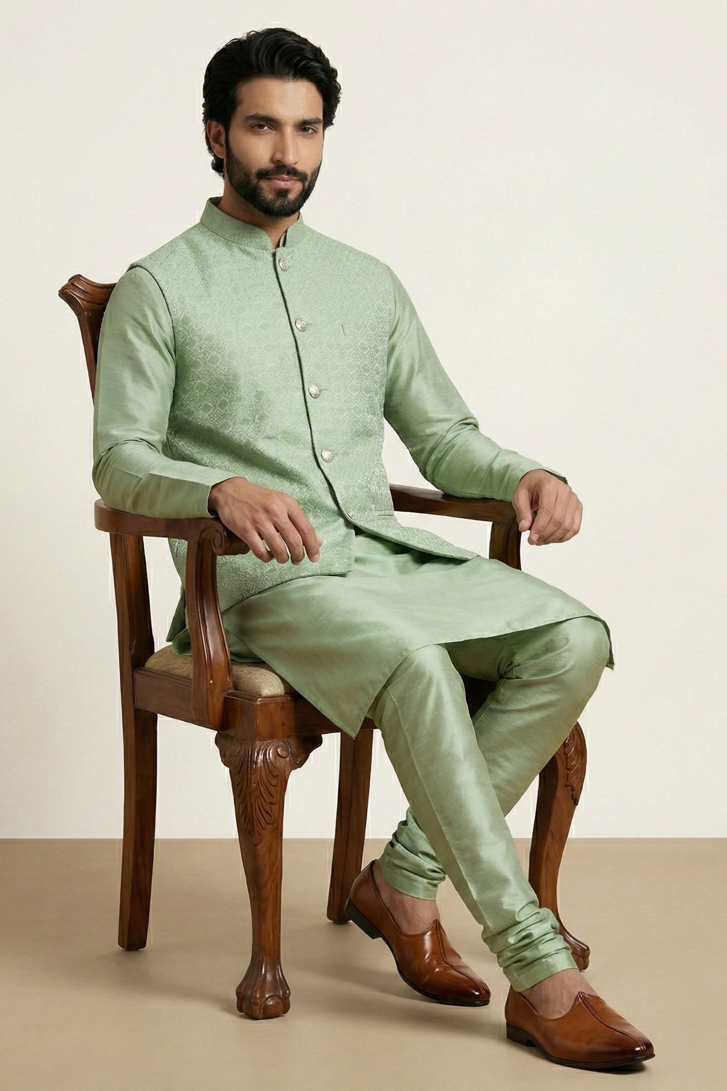 Fancy Pista Green Jacquard Silk Jacket with Banarasi Dhupion Kurta Pyjama Set for Men