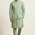 Fancy Pista Green Jacquard Silk Jacket with Banarasi Dhupion Kurta Pyjama Set for Men