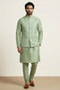 Fancy Pista Green Jacquard Silk Jacket with Banarasi Dhupion Kurta Pyjama Set for Men