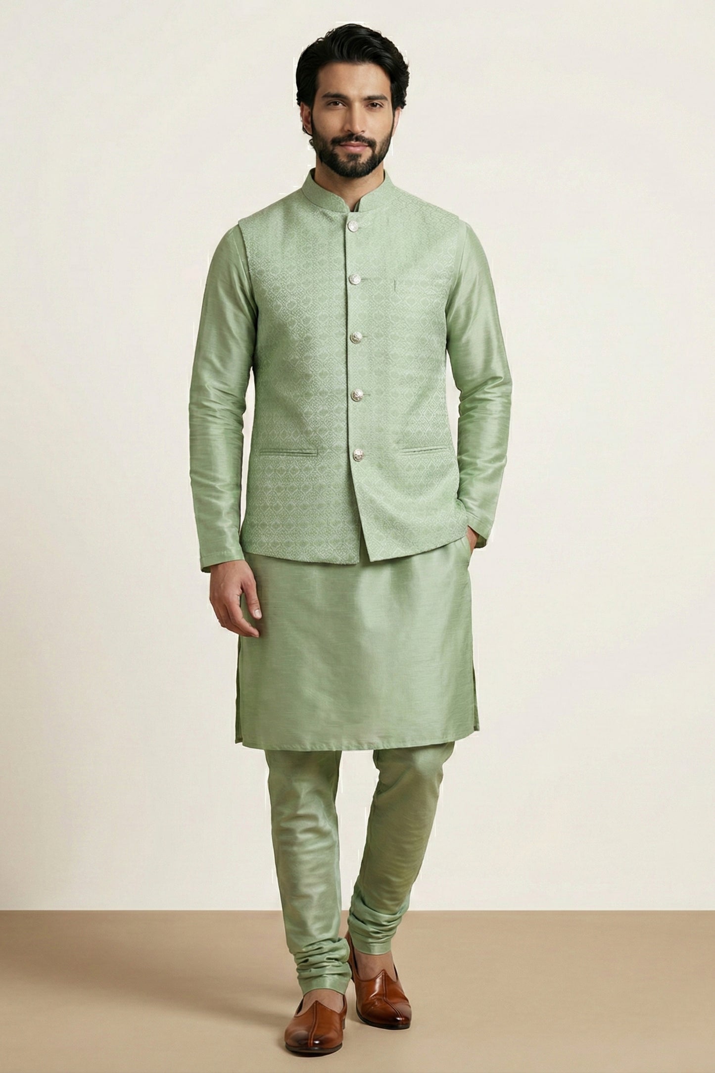 Fancy Pista Green Jacquard Silk Jacket with Banarasi Dhupion Kurta Pyjama Set for Men