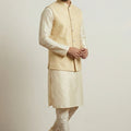 Amazing Gold Jacquard Silk Jacket with Banarasi Dhupion Kurta Pyjama Set for Men