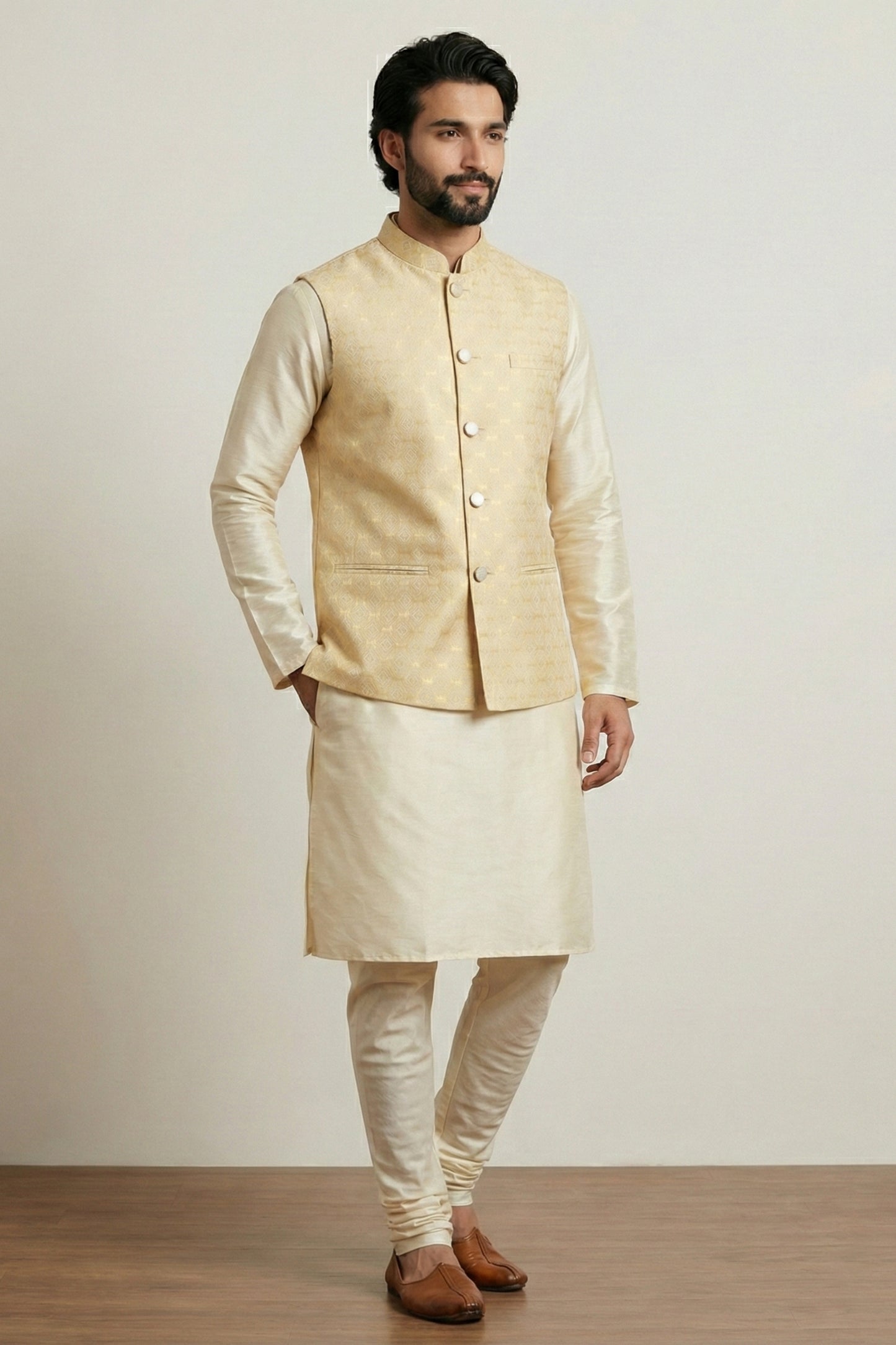 Amazing Gold Jacquard Silk Jacket with Banarasi Dhupion Kurta Pyjama Set for Men