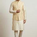 Amazing Gold Jacquard Silk Jacket with Banarasi Dhupion Kurta Pyjama Set for Men