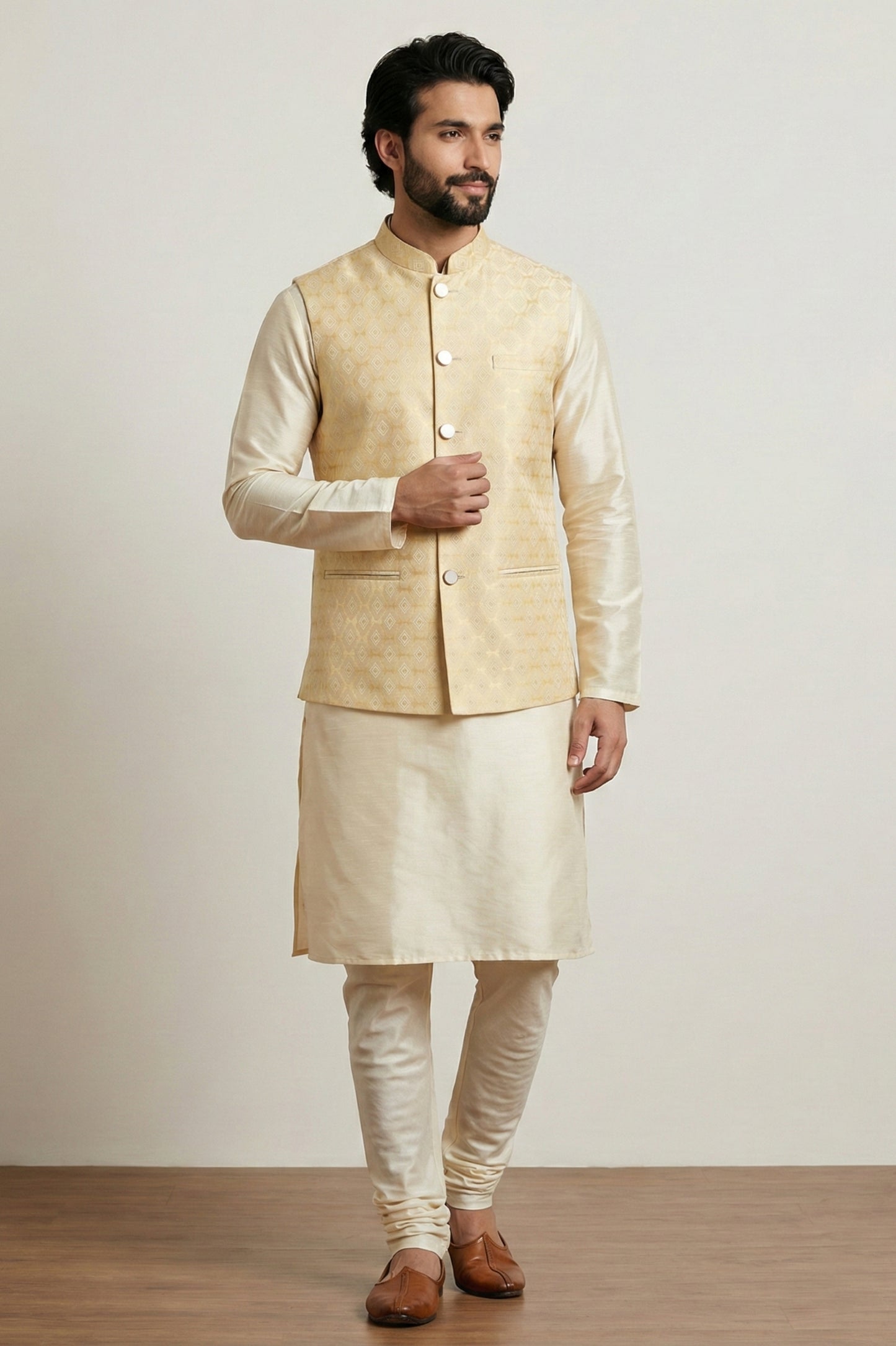 Amazing Gold Jacquard Silk Jacket with Banarasi Dhupion Kurta Pyjama Set for Men