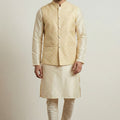 Amazing Gold Jacquard Silk Jacket with Banarasi Dhupion Kurta Pyjama Set for Men