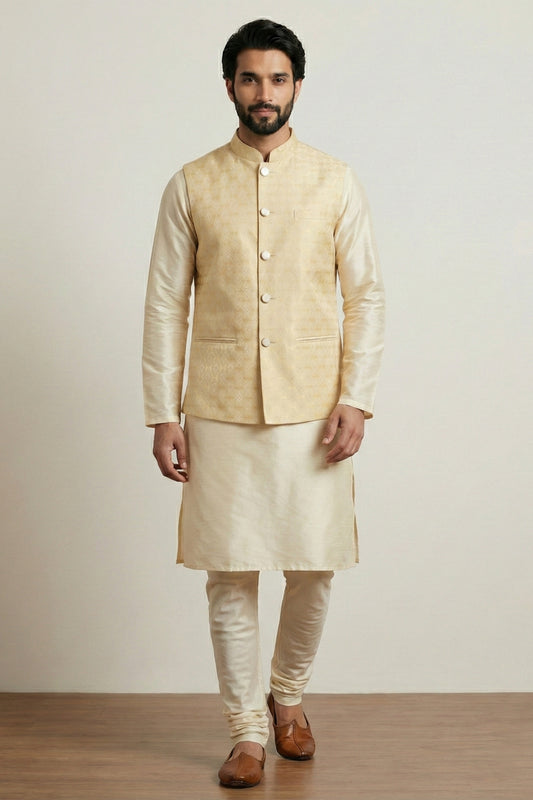 Amazing Gold Jacquard Silk Jacket with Banarasi Dhupion Kurta Pyjama Set for Men