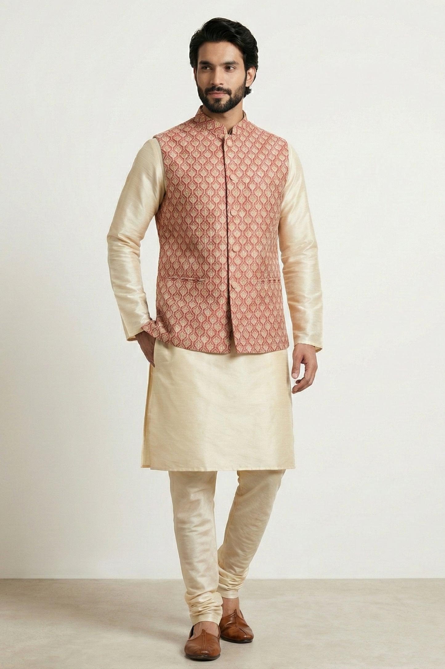 Handsome Pink Jacquard Silk Jacket with Gold Banarasi Dhupion Kurta Pyjama Set for Men