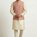 Handsome Pink Jacquard Silk Jacket with Gold Banarasi Dhupion Kurta Pyjama Set for Men
