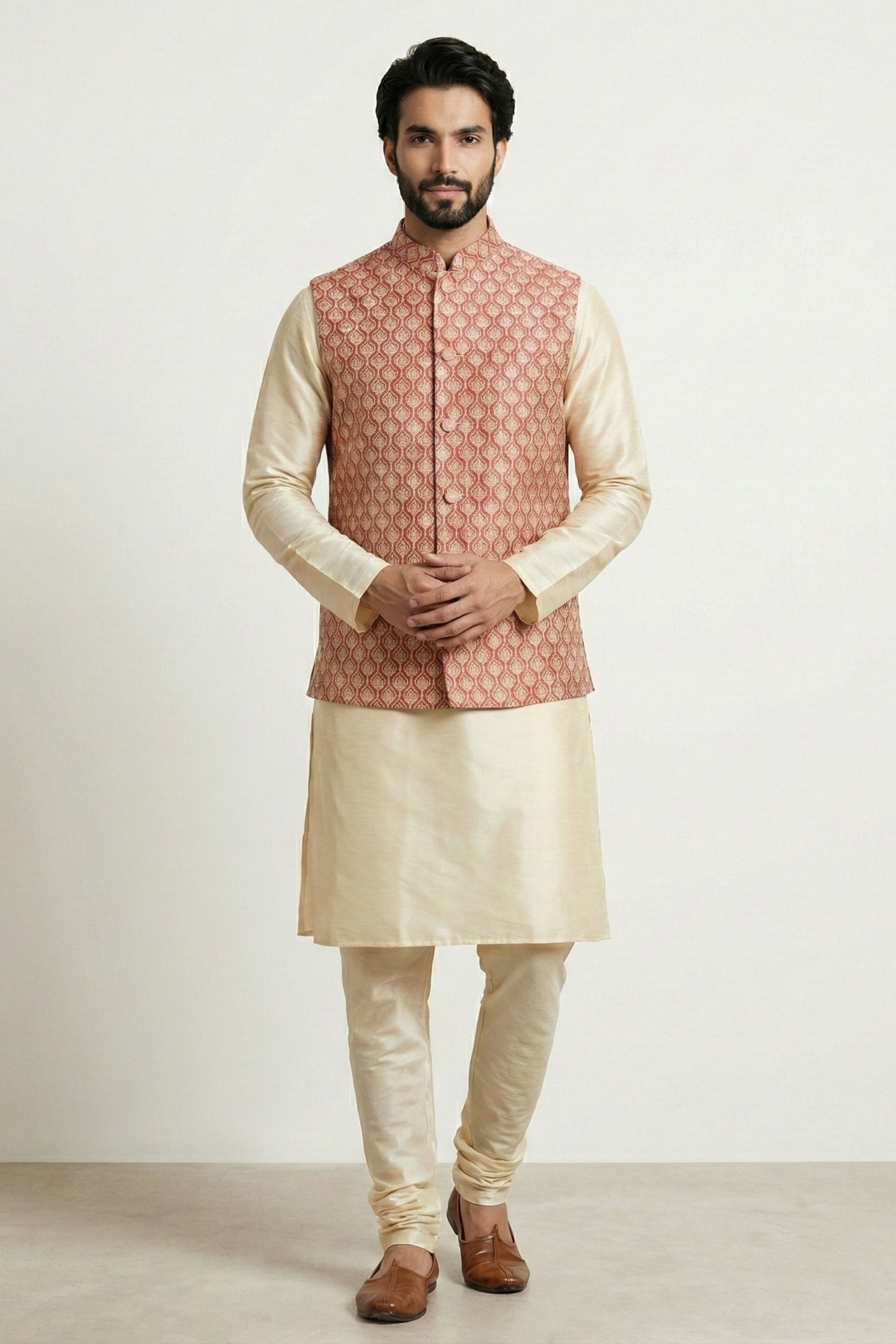Handsome Pink Jacquard Silk Jacket with Gold Banarasi Dhupion Kurta Pyjama Set for Men