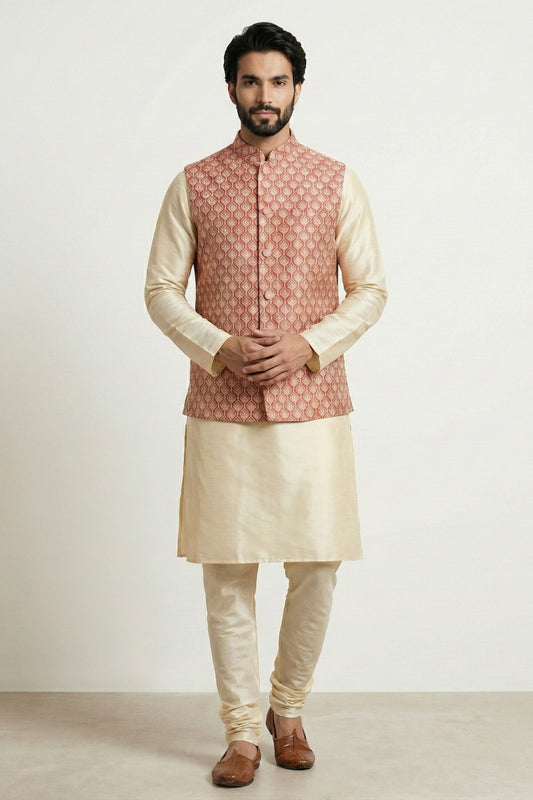Handsome Pink Jacquard Silk Jacket with Gold Banarasi Dhupion Kurta Pyjama Set for Men