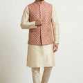 Handsome Pink Jacquard Silk Jacket with Gold Banarasi Dhupion Kurta Pyjama Set for Men