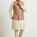 Handsome Pink Jacquard Silk Jacket with Gold Banarasi Dhupion Kurta Pyjama Set for Men
