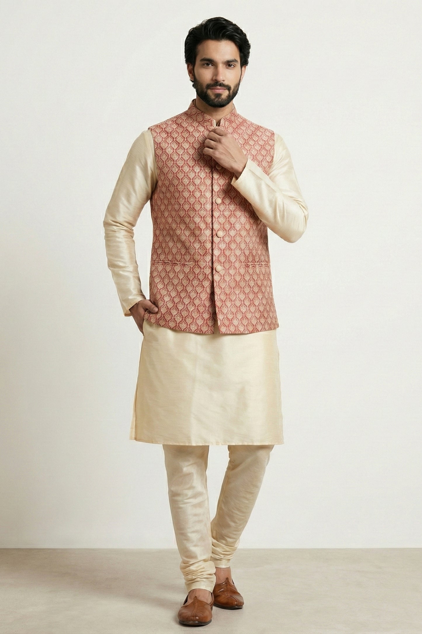 Handsome Pink Jacquard Silk Jacket with Gold Banarasi Dhupion Kurta Pyjama Set for Men