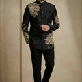 Premium Black Fandy Satin Silk Floral Embroidered Wedding Wear Jodhpuri Suit