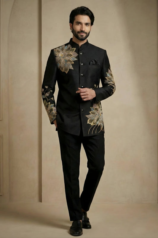 Premium Black Fandy Satin Silk Floral Embroidered Wedding Wear Jodhpuri Suit
