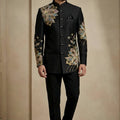 Premium Black Fandy Satin Silk Floral Embroidered Wedding Wear Jodhpuri Suit