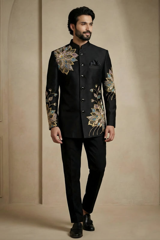 Premium Black Fandy Satin Silk Floral Embroidered Wedding Wear Jodhpuri Suit
