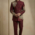 Designer Wine Fandy Satin Silk Floral Embroidered Wedding Wear Jodhpuri Suit
