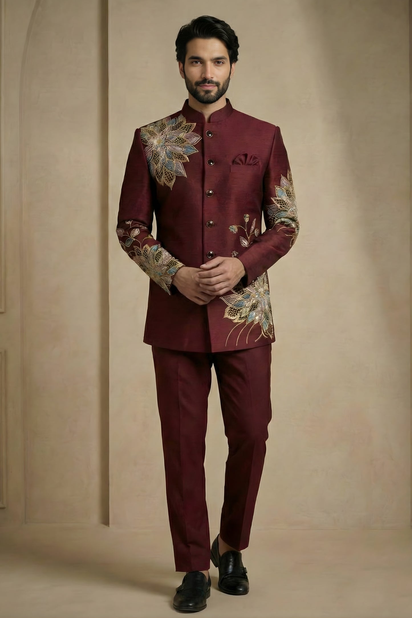 Designer Wine Fandy Satin Silk Floral Embroidered Wedding Wear Jodhpuri Suit