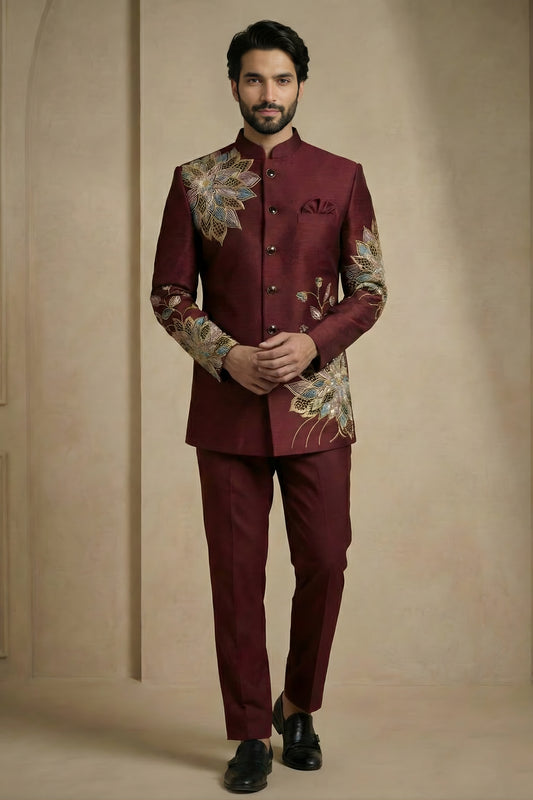 Designer Wine Fandy Satin Silk Floral Embroidered Wedding Wear Jodhpuri Suit