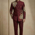 Designer Wine Fandy Satin Silk Floral Embroidered Wedding Wear Jodhpuri Suit