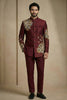 Designer Wine Fandy Satin Silk Floral Embroidered Wedding Wear Jodhpuri Suit