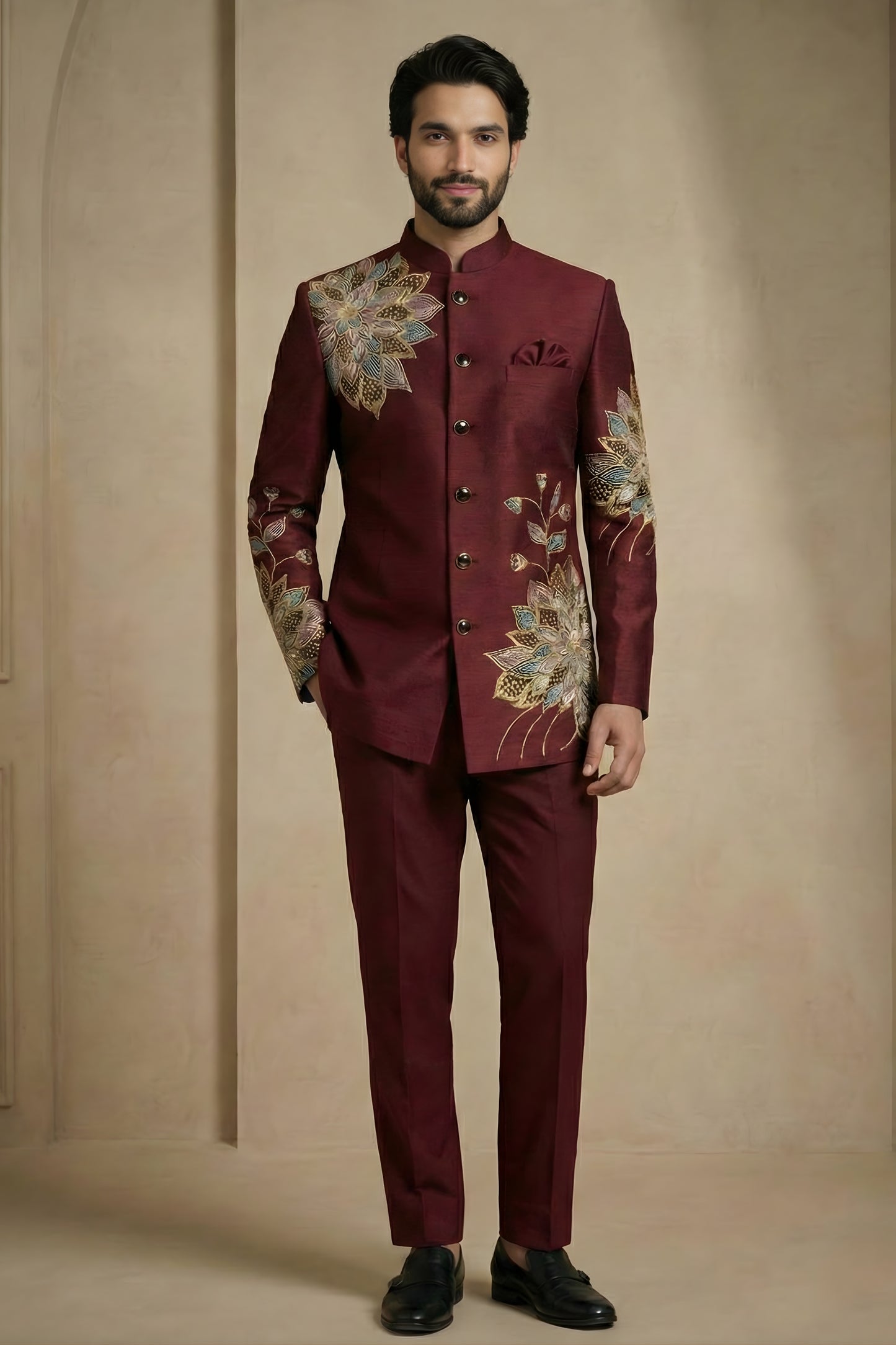 Designer Wine Fandy Satin Silk Floral Embroidered Wedding Wear Jodhpuri Suit