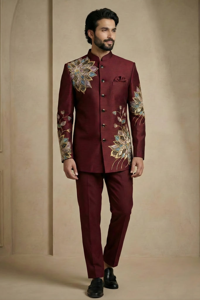 Designer Wine Fandy Satin Silk Floral Embroidered Wedding Wear Jodhpuri Suit