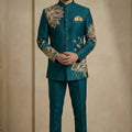 Fantastic Teal Green Fandy Satin Silk Floral Embroidered Wedding Wear Jodhpuri Suit