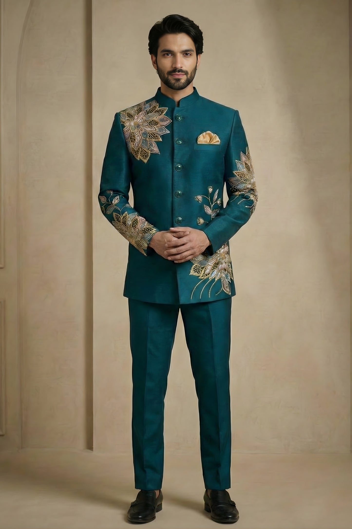 Fantastic Teal Green Fandy Satin Silk Floral Embroidered Wedding Wear Jodhpuri Suit