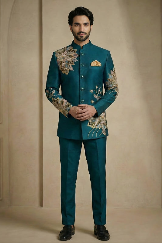 Fantastic Teal Green Fandy Satin Silk Floral Embroidered Wedding Wear Jodhpuri Suit