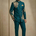 Fantastic Teal Green Fandy Satin Silk Floral Embroidered Wedding Wear Jodhpuri Suit