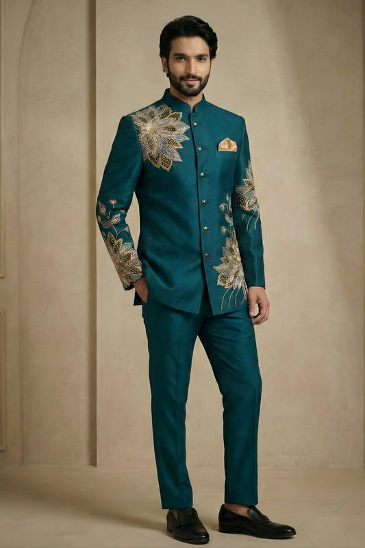 Fantastic Teal Green Fandy Satin Silk Floral Embroidered Wedding Wear Jodhpuri Suit