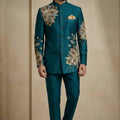 Fantastic Teal Green Fandy Satin Silk Floral Embroidered Wedding Wear Jodhpuri Suit