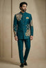 Fantastic Teal Green Fandy Satin Silk Floral Embroidered Wedding Wear Jodhpuri Suit