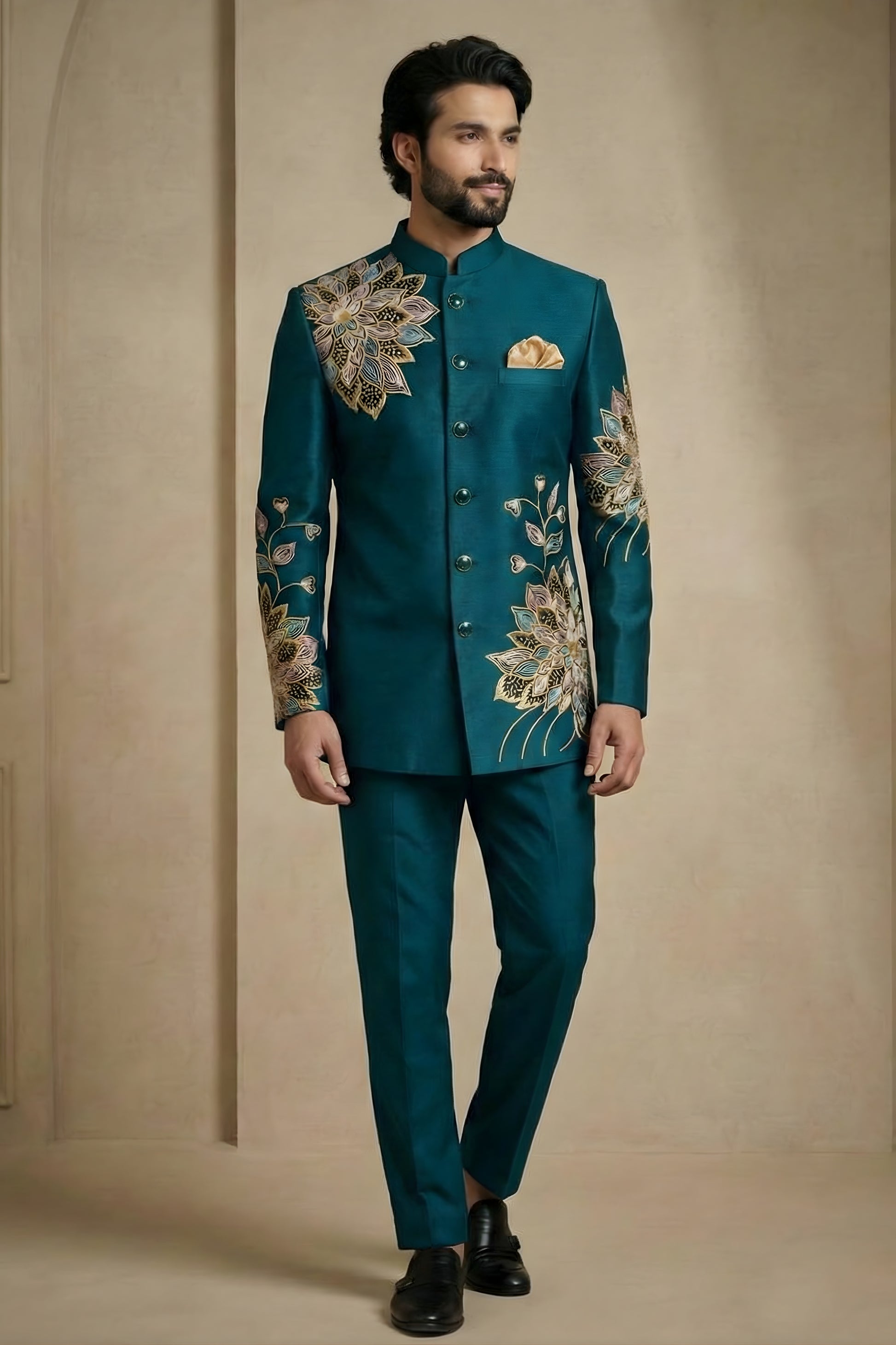 Fantastic Teal Green Fandy Satin Silk Floral Embroidered Wedding Wear Jodhpuri Suit
