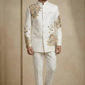 Elegant Off-White Fandy Satin Silk Floral Embroidered Wedding Wear Jodhpuri Suit