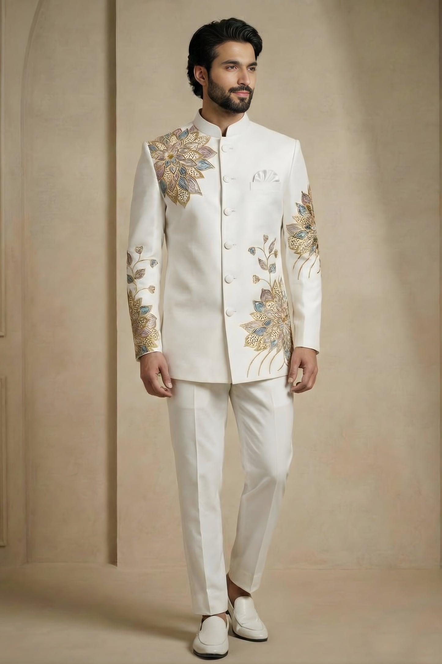 Elegant Off-White Fandy Satin Silk Floral Embroidered Wedding Wear Jodhpuri Suit