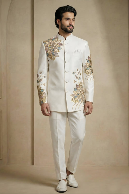 Elegant Off-White Fandy Satin Silk Floral Embroidered Wedding Wear Jodhpuri Suit