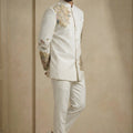 Elegant Off-White Fandy Satin Silk Floral Embroidered Wedding Wear Jodhpuri Suit