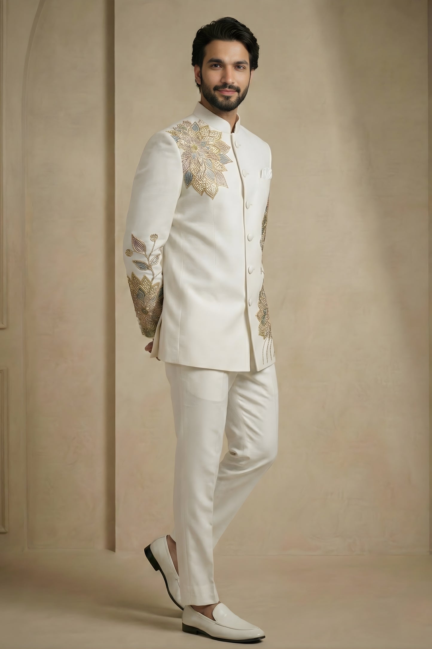 Elegant Off-White Fandy Satin Silk Floral Embroidered Wedding Wear Jodhpuri Suit