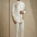 Elegant Off-White Fandy Satin Silk Floral Embroidered Wedding Wear Jodhpuri Suit