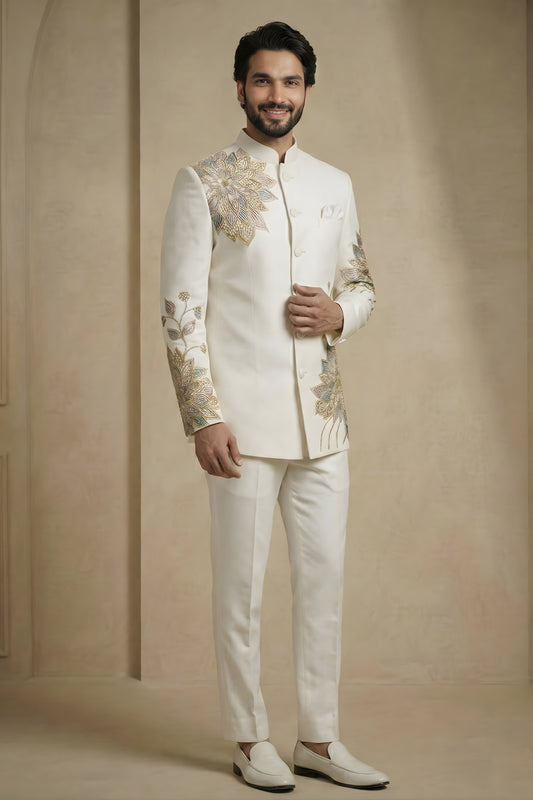 Elegant Off-White Fandy Satin Silk Floral Embroidered Wedding Wear Jodhpuri Suit