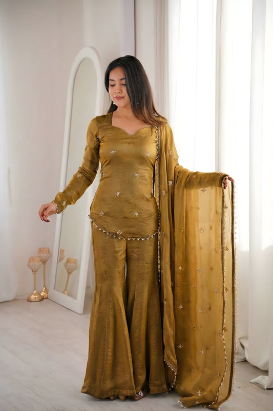 Charming Mustard Fendy Silk Embroidered Wedding Wear Palazzo Suit with Dupatta