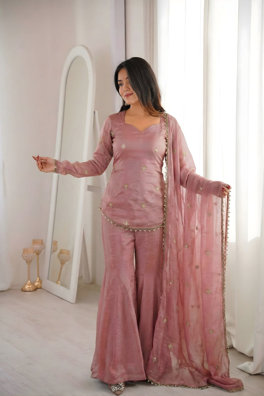 Lovely Pink Fendy Silk Embroidered Wedding Wear Palazzo Suit with Dupatta