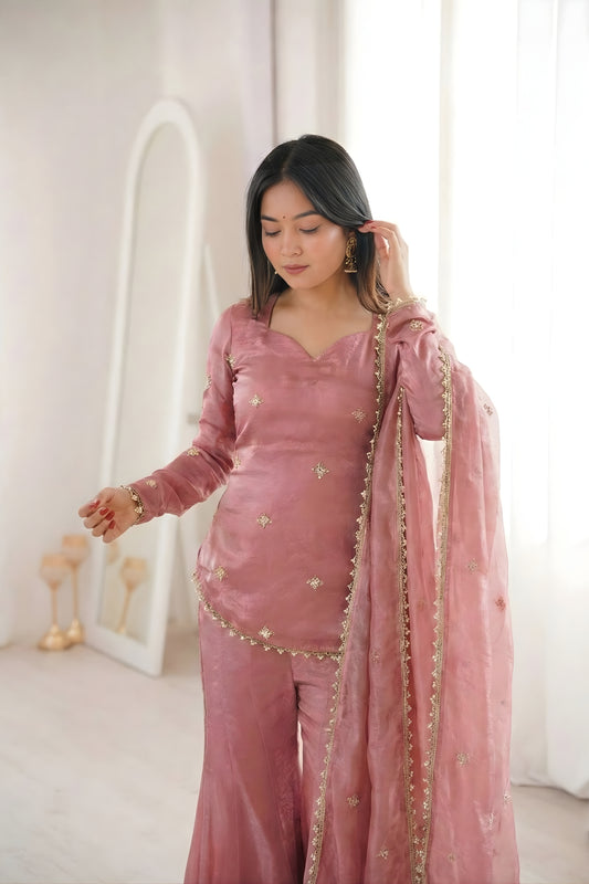 Lovely Pink Fendy Silk Embroidered Wedding Wear Palazzo Suit with Dupatta