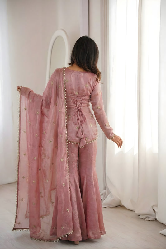 Lovely Pink Fendy Silk Embroidered Wedding Wear Palazzo Suit with Dupatta