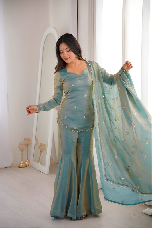 Elegant Sky Blue Fendy Silk Embroidered Wedding Wear Palazzo Suit with Dupatta